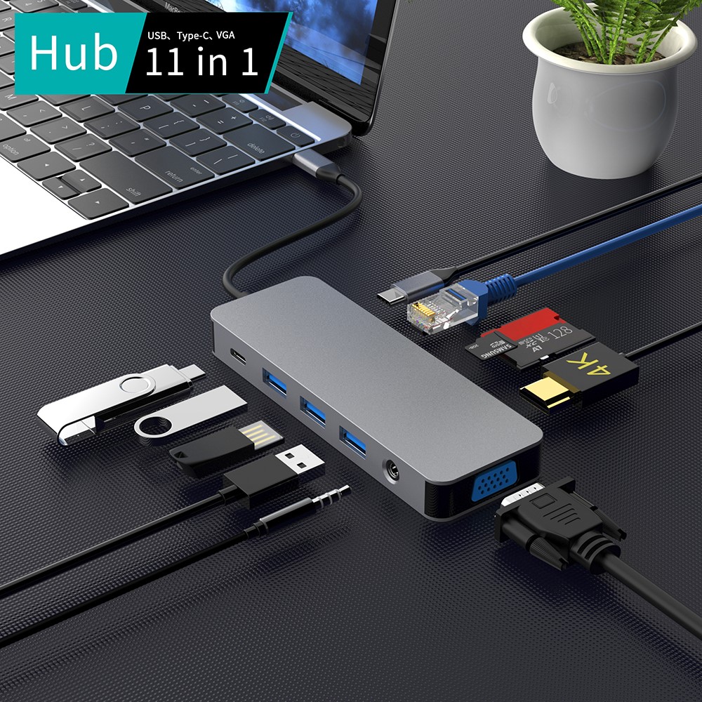 YK9321 11 in 1 Aluminium Type C HUB USB C to USB3.0 VGA Ethernet TF Card PD Docking Station Adapter Cable for Laptop-2