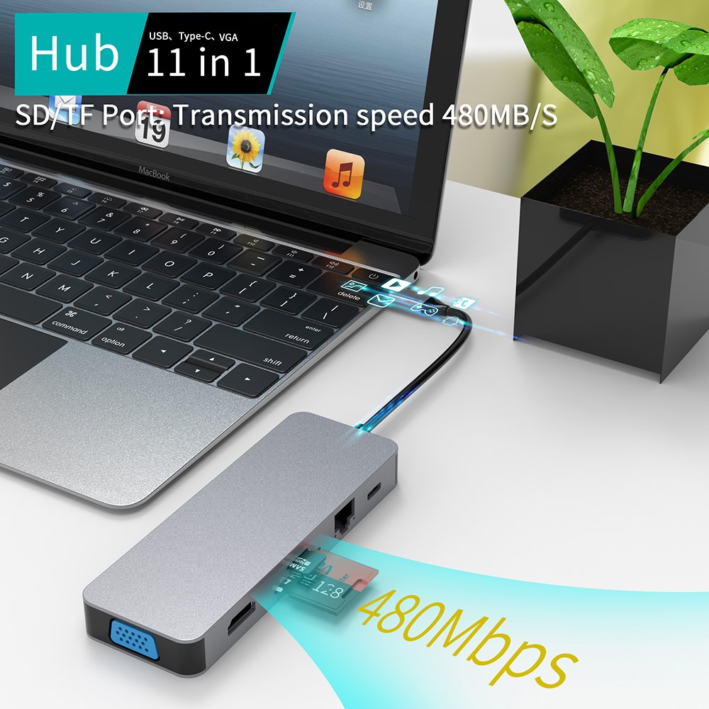 YK9321 11 in 1 Aluminium Type C HUB USB C to USB3.0 VGA Ethernet TF Card PD Docking Station Adapter Cable for Laptop-3