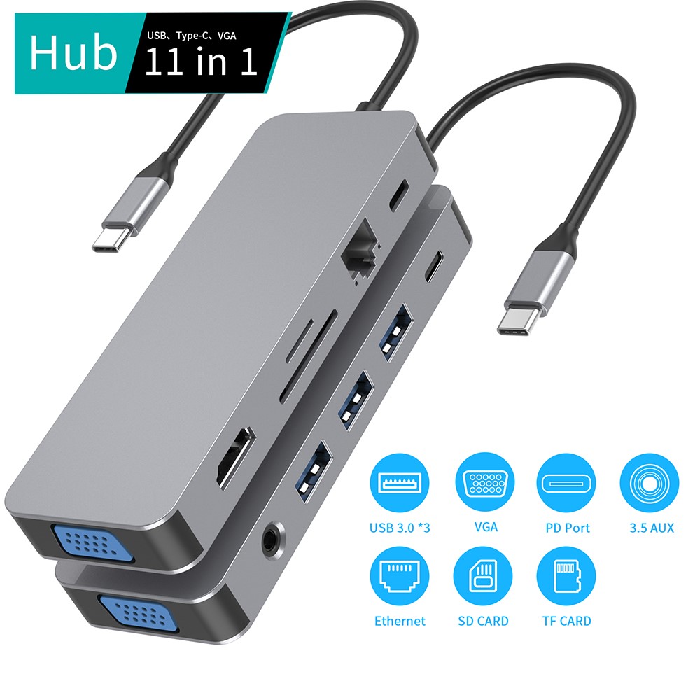 YK9321 11 in 1 Aluminium Type C HUB USB C to USB3.0 VGA Ethernet TF Card PD Docking Station Adapter Cable for Laptop-5