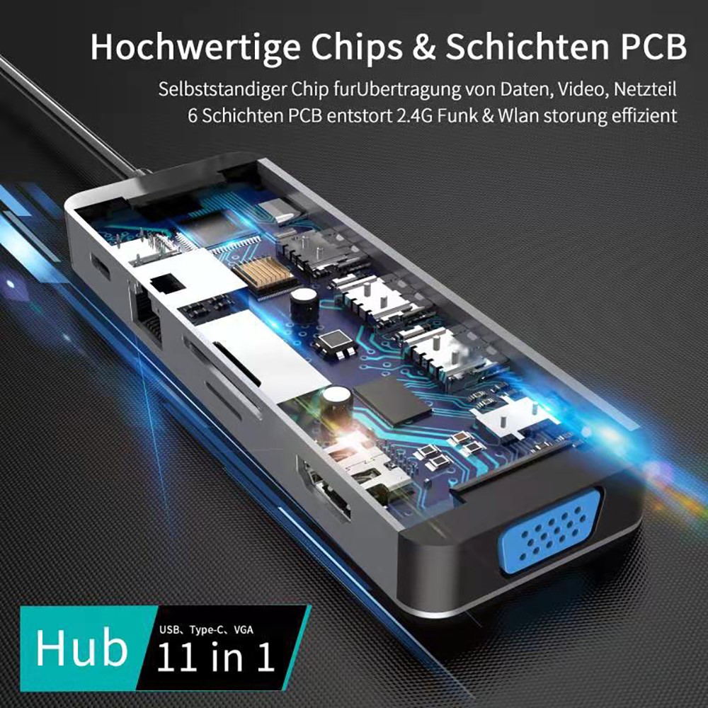YK9321 11 in 1 Aluminium Type C HUB USB C to USB3.0 VGA Ethernet TF Card PD Docking Station Adapter Cable for Laptop-6
