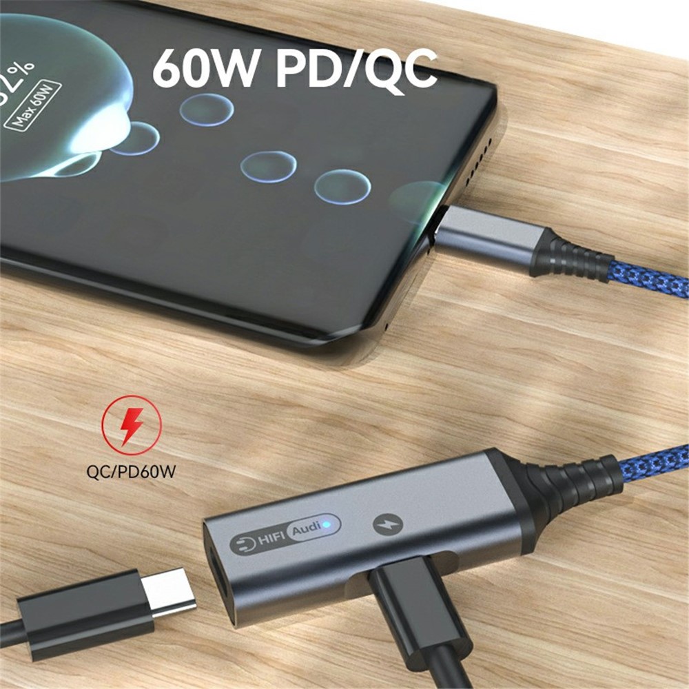 Dual Type-C Headphone Audio Adapter Fast Charging Converter for Huawei/Xiaomi/iPad - Grey-2