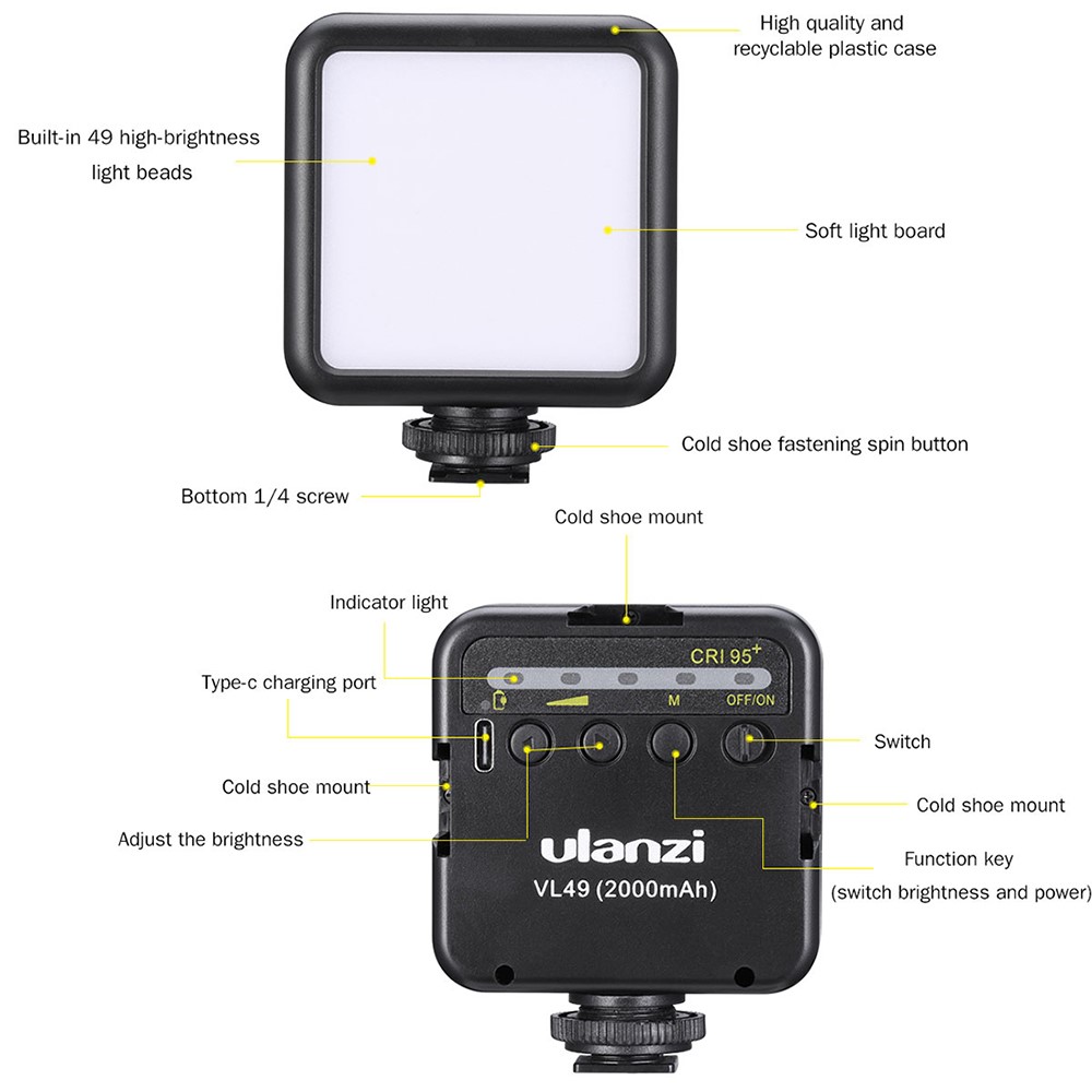 ULANZI VL49 6W Mini LED Video Light with Built-in 2000mAh Battery 5500K Photographic Lighting for Canon Nikon Sony DSLR Camera-4