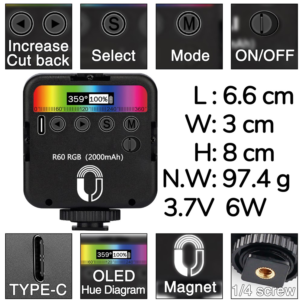 ADAI R60 Mini RBG Livestreaming Colorful Fill Light Ambient Lighting for Video/Vlog/Photography-3