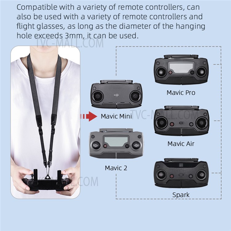 ZZCP8767 For DJI Mavic 2/Pro/Mini/Air/Spark Remote Control Lanyard Neck Strap with Bracket - Black-9