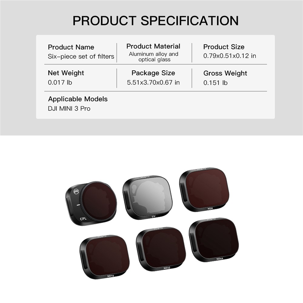 RCSTQ For DJI Mini 3 Pro 6Pcs/Set UV+CPL+ND8+ND16+ND32+ND64 Filters Aluminum Alloy + Optical Glass Camera Lens Filter-14