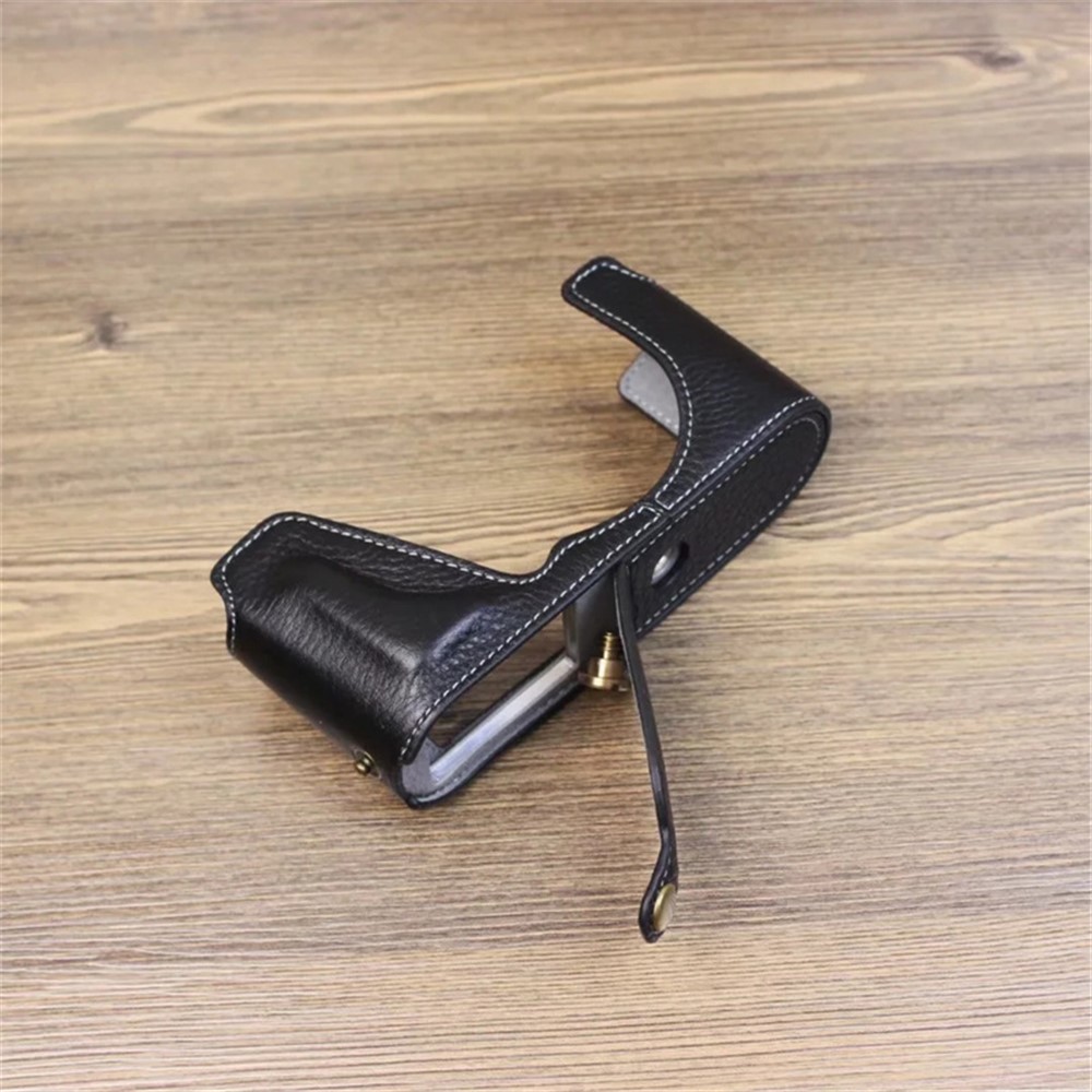 For Leica CL Genuine Leather Half Body Case Battery Opening Protective Cover - Black-5