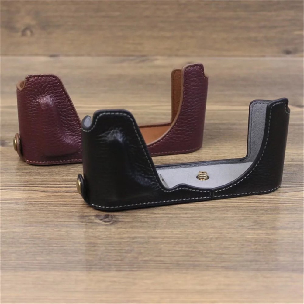 For Leica CL Genuine Leather Half Body Case Battery Opening Protective Cover - Black-6