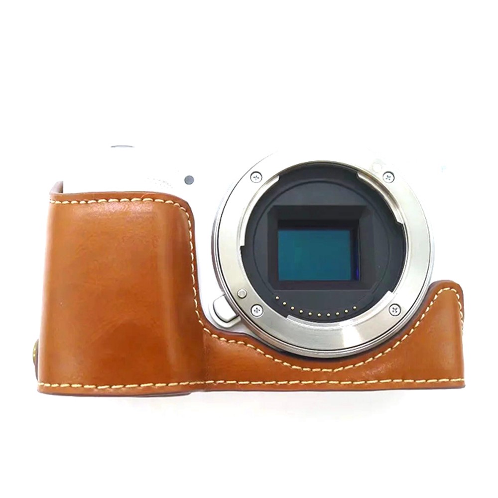 For Sony ZV-E10 Camera PU Leather Bottom Case Battery Opening Design Half Body Protective Cover with Hand Strap - Brown-5
