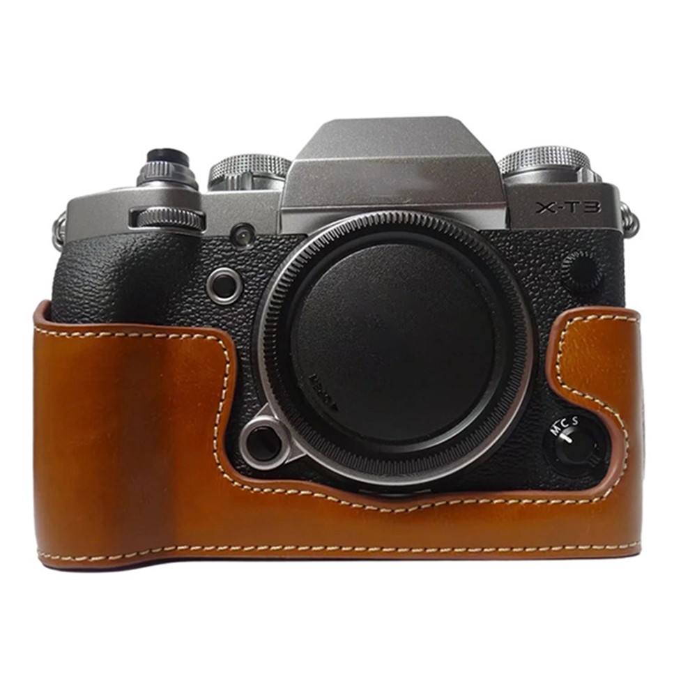 For Fujifilm X-T3 Digital Camera PU Leather Protective Bottom Case Battery Opening Design Half Body Cover - Brown-1