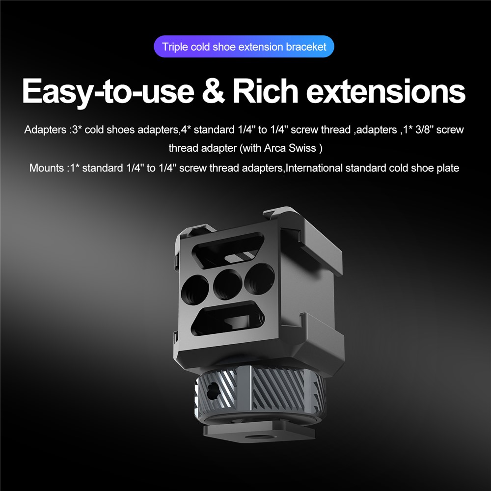 TELESIN TE-CEB-001 1/4 Screw Hole Three-Head Cold Shoe Mount Adapter SLR Mirrorless Camera LED Light Monitor Expansion Bracket-2