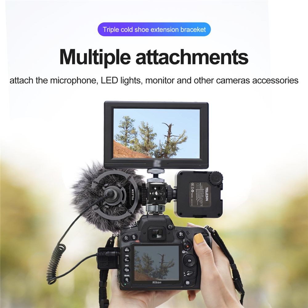 TELESIN TE-CEB-001 1/4 Screw Hole Three-Head Cold Shoe Mount Adapter SLR Mirrorless Camera LED Light Monitor Expansion Bracket-3