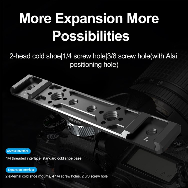 TELESIN TE-CEB-002 Aluminum Alloy Cold Shoe Mounting Adapter Bracket 1/4 3/8 Screw Hole Cold Shoe Extension Bar for GoPro Camera-2