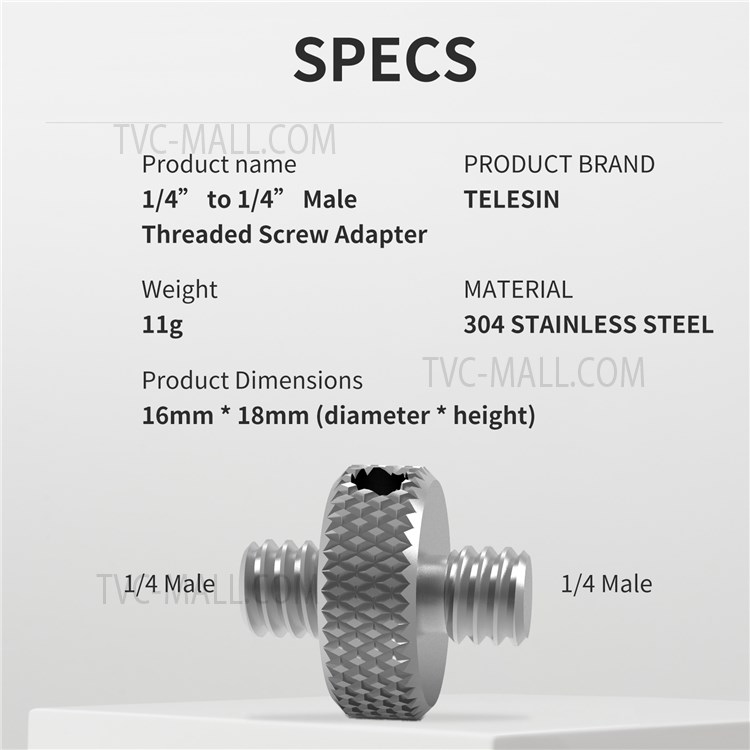 TELESIN TE-DHS-001 2Pcs Stainless Steel Double-headed 1/4 inch Male Screw Thread Convert Adapter for Camera Tripod Light Stand-6