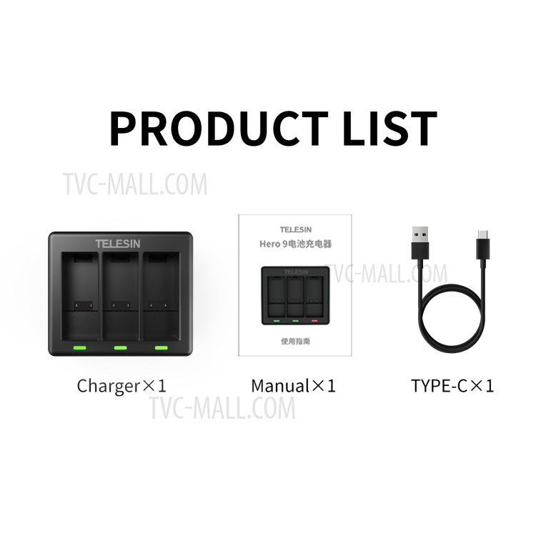 Triple Channel Battery Charger with Type-C Charging Cable for GoPro Hero 9-8