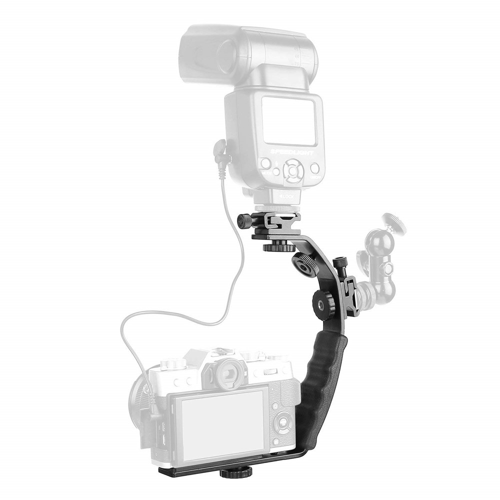 Photo Speedlite Dual Cold Shoe Hot Shoe Mount Grip Holder 1/4" Screw Bracket Handle for Camera DSLR Video Flash-4