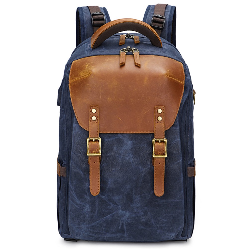 K-805 Retro Shock-absorbing Camera Bag Breathable Waterproof Canvas SLR Digital Camera Backpack for Outdoor Photography - Blue-1