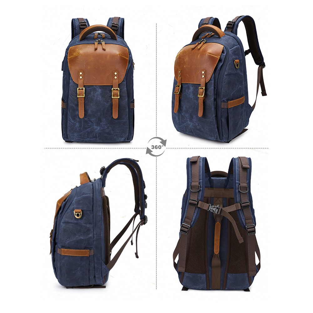 K-805 Retro Shock-absorbing Camera Bag Breathable Waterproof Canvas SLR Digital Camera Backpack for Outdoor Photography - Blue-2
