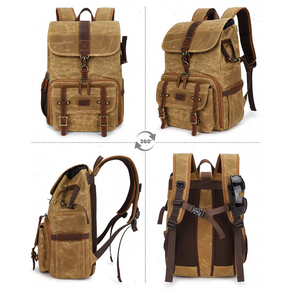 K821 Outdoor Shockproof Camera Bag Retro Large Capacity Canvas Photographic Backpack for Camera Lens Tripod Laptops - Yellow-2