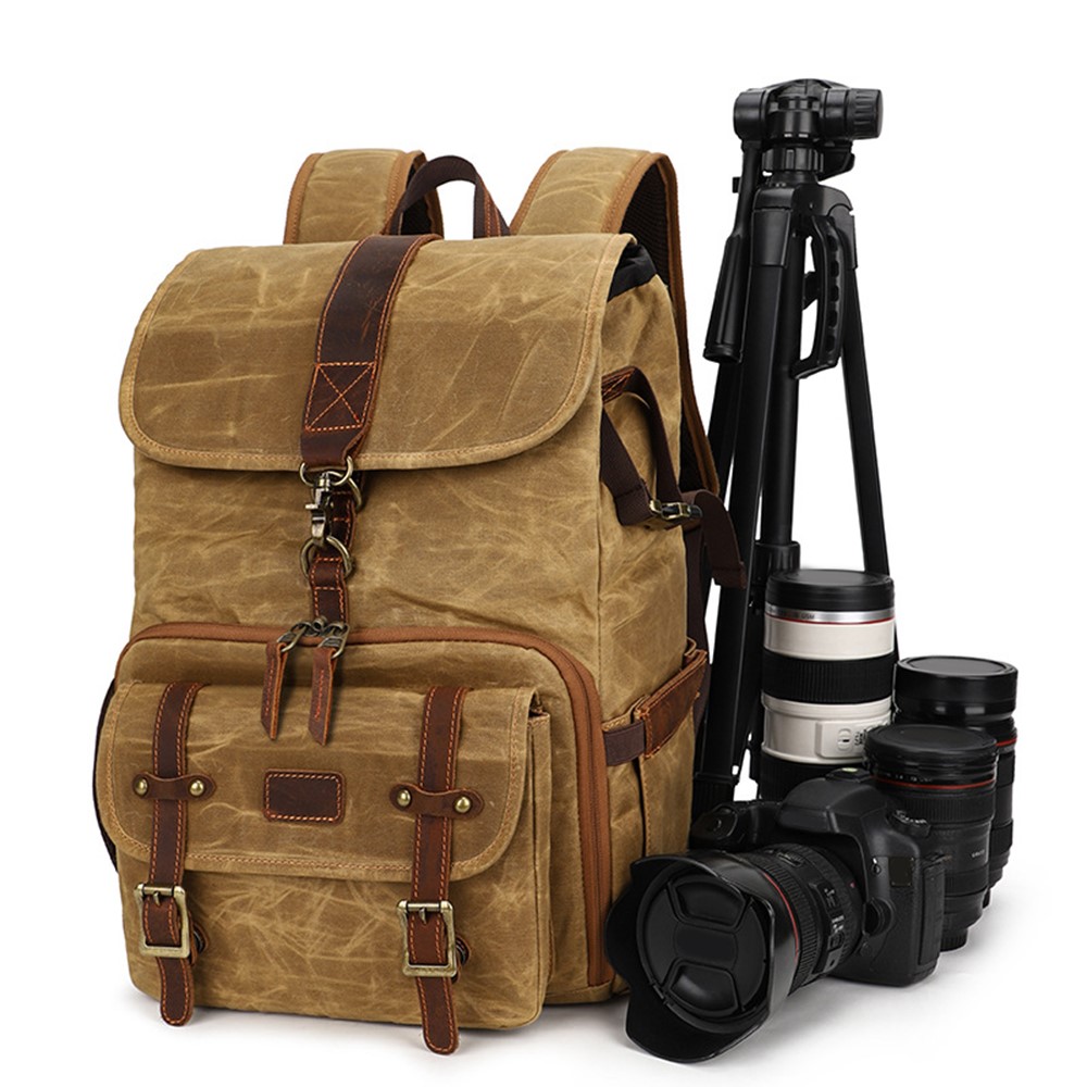 K821 Outdoor Shockproof Camera Bag Retro Large Capacity Canvas Photographic Backpack for Camera Lens Tripod Laptops - Yellow-4
