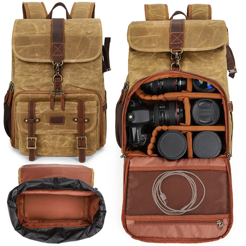 K821 Outdoor Shockproof Camera Bag Retro Large Capacity Canvas Photographic Backpack for Camera Lens Tripod Laptops - Yellow-7