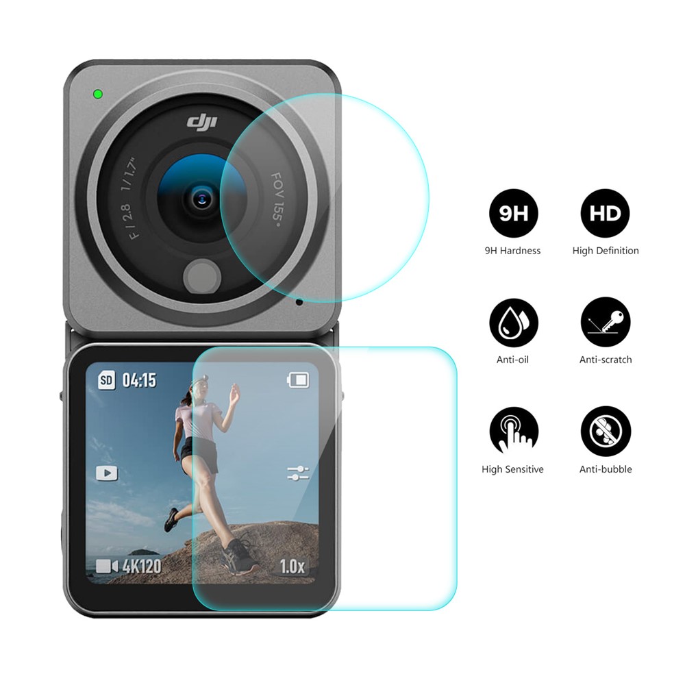 ENKAY for DJI Action 2 Dual Screen Protector, 3Pcs/Set 9H High-Alumina-Silicon Tempered Glass Front Back Screen Protector + Lens Film-2