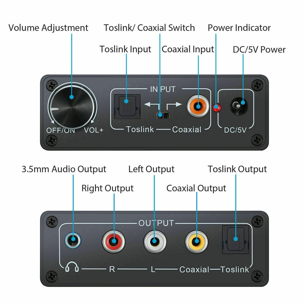 192KHz Digital Optical Coaxial Toslink to Analog RCA L/R 3.5mm Audio Converter-4