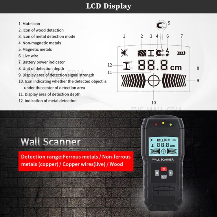 WT55 Digital Wall Scanner Handheld Multifunction Wall Detector Iron Metal Wood Wire Galvanized Pipe Finder-7
