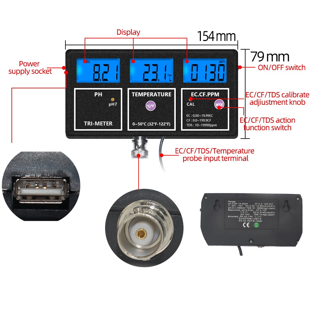 PH-116 5 in 1 Water Quality Multi-Parameter PH EC CF TDS Temperature Test Meter with Backlight - US Plug-3
