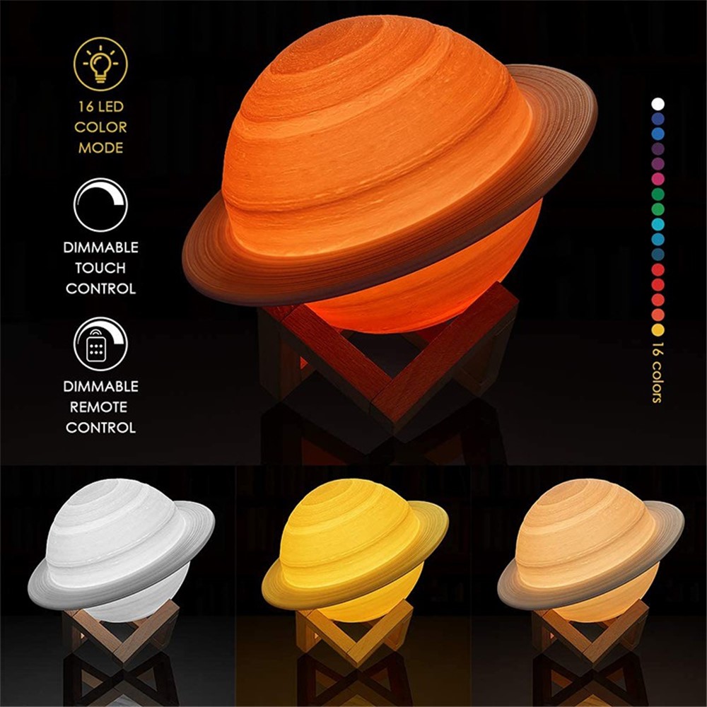 22cm Saturn Lamp with Wood Stand 16 Colors LED 3D Print Decor USB Rechargeable Remote & Touch Control Nursery Night Light-3