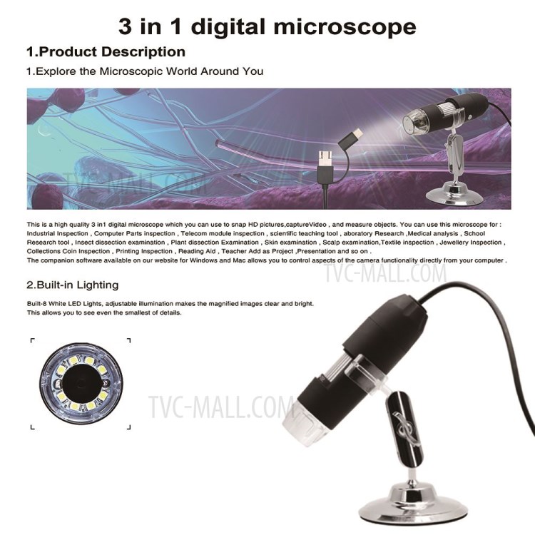 1000X 8LED USB Digital Microscope Endoscope Camera Inspection for Mobile Phone Repairing Hair Skin-3