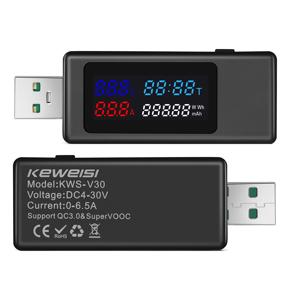 KWS-V30 6-in-1 USB Tester IPS Display DC Digital Voltage Power Timing Capacity Meter Detector - Black-1