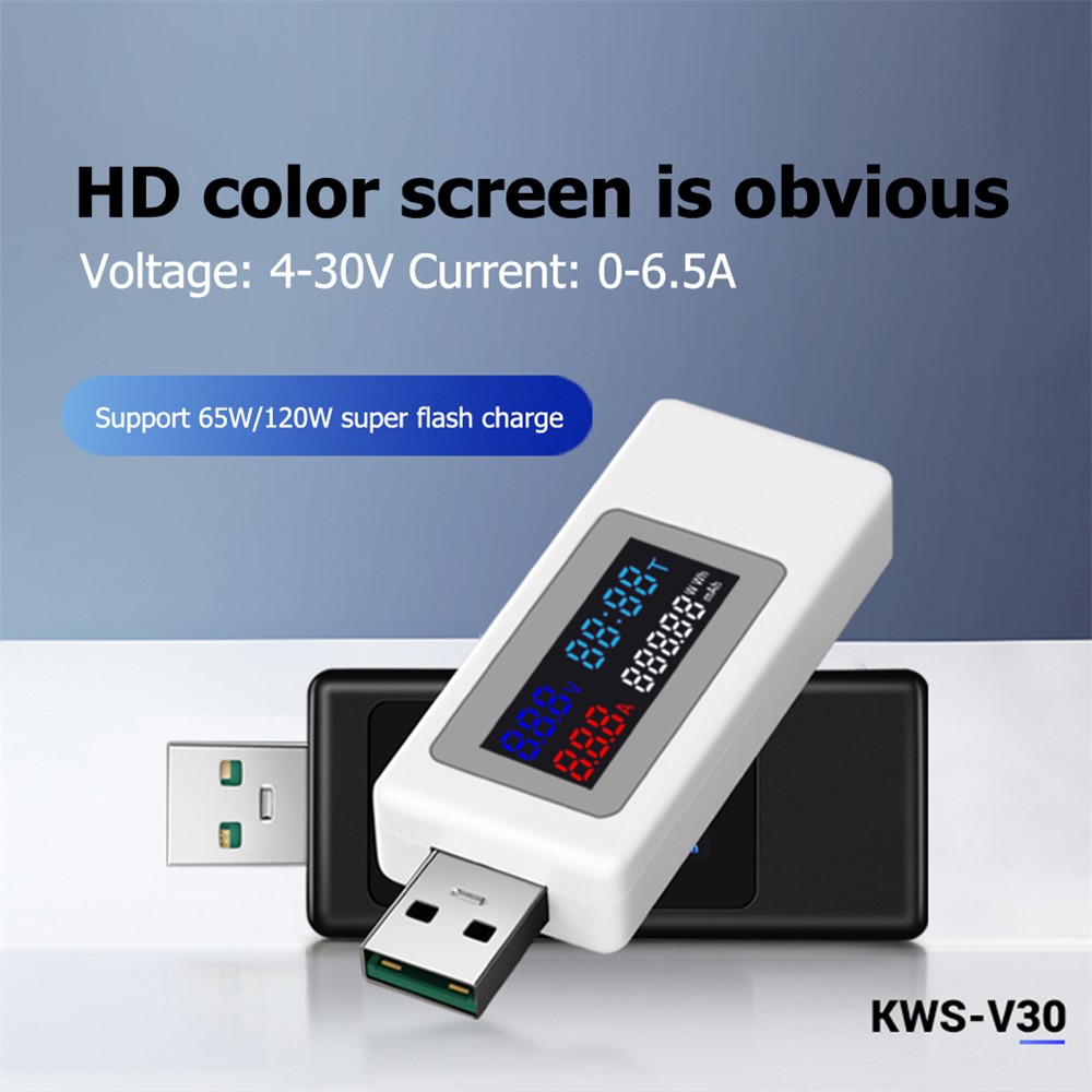 KWS-V30 6-in-1 USB Tester IPS Display DC Digital Voltage Power Timing Capacity Meter Detector - Black-2