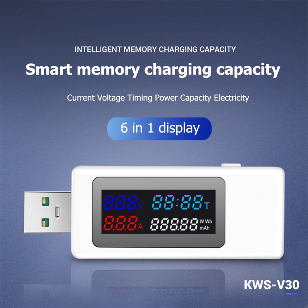 KWS-V30 6-in-1 USB Tester IPS Display DC Digital Voltage Power Timing Capacity Meter Detector - Black-3