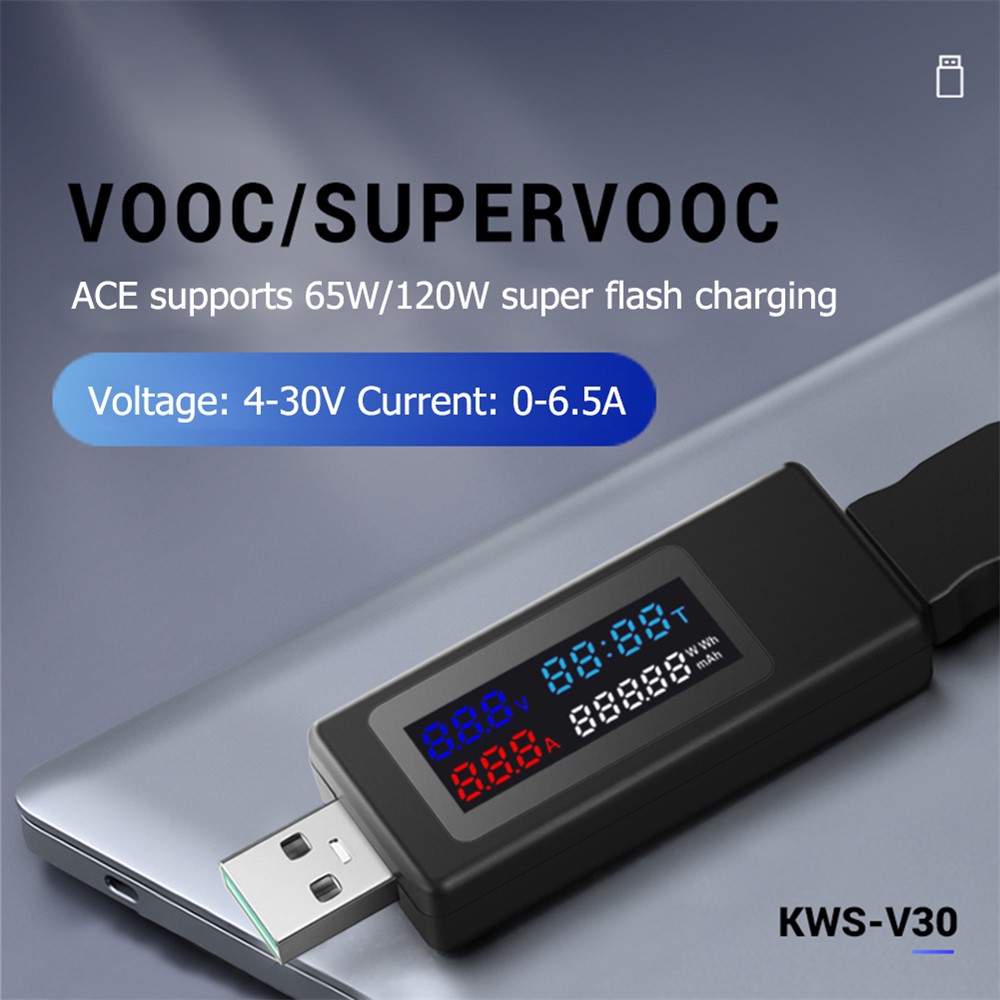 KWS-V30 6-in-1 USB Tester IPS Display DC Digital Voltage Power Timing Capacity Meter Detector - Black-4