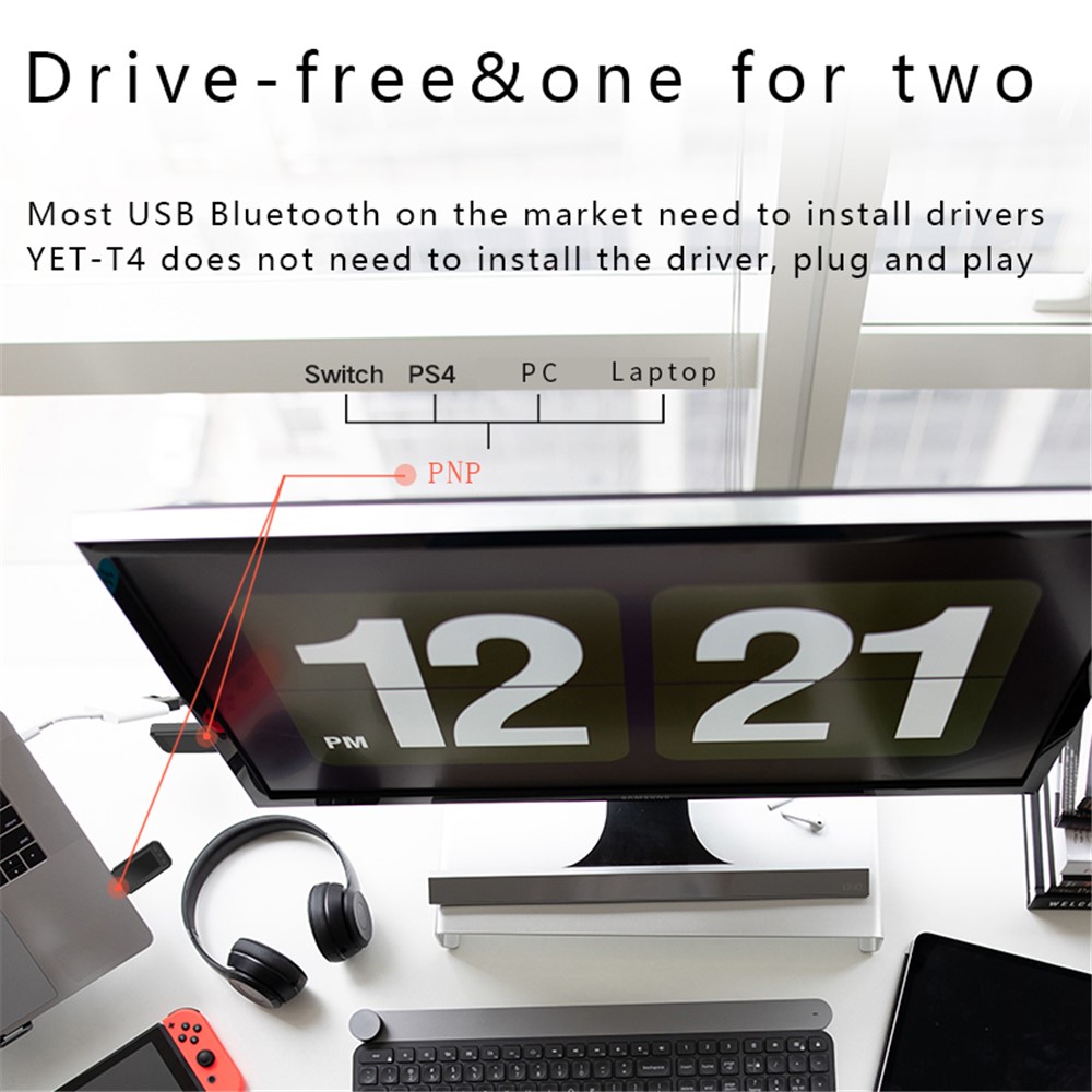 T4 5.0 USB/AUX Dual-Output Bluetooth Transmitter Plug and Play Speaker Wireless Audio Adapter Support Connecting Two Pairs Headset-9