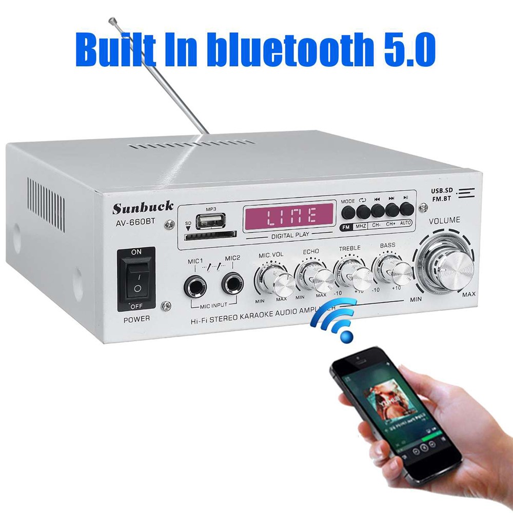 SUNBUCK AV-660BT Bluetooth 5.0 Power Amplifier 2.0 Channel Audio Amplifier Home Theater Amplifiers Support EQ FM TF USB 2 Mic - White-7