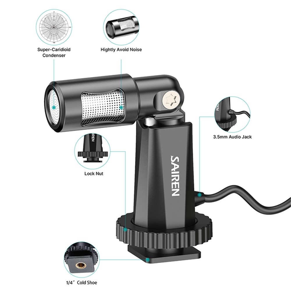 SAIREN 3.5mm TRS Interface On-Camera Video Microphone Adjustable Angle Mini Interview Vlog Mic for Phone DSLR-5