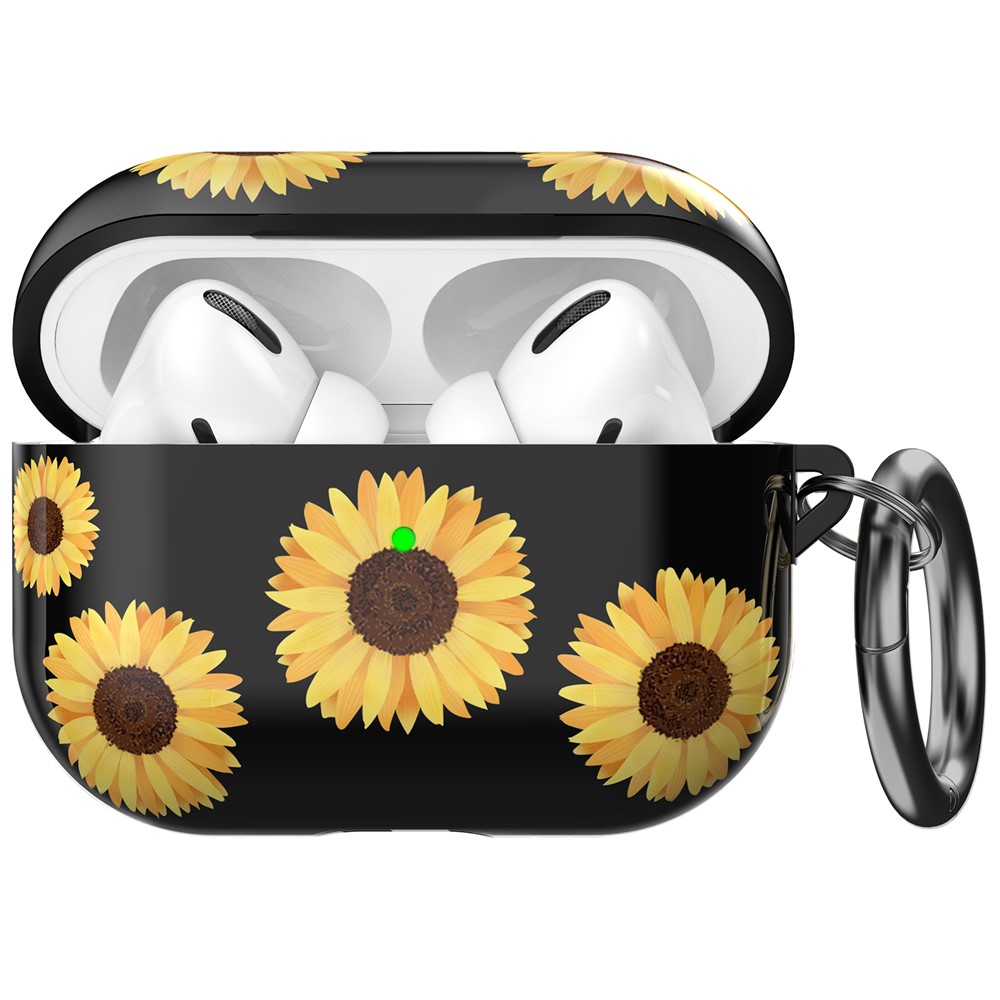 AHASTYLE PT142 For Apple AirPods Pro Shockproof Case Pattern Printed TPU Cover Anti-Lost Earbuds Case with Buckle - Black / Sunflower