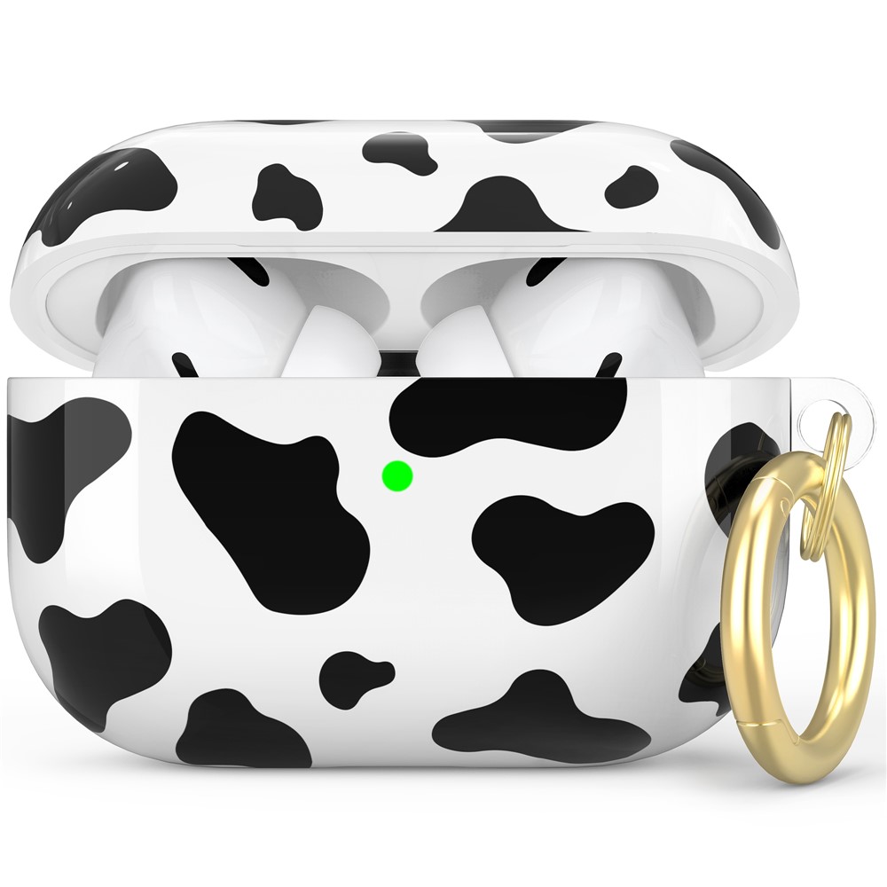 AHASTYLE PT142 For Apple AirPods Pro Shockproof Case Pattern Printed TPU Cover Anti-Lost Earbuds Case with Buckle - Black Cow Pattern