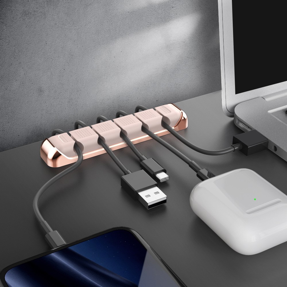 AHASTYLE PT125 Aluminum Alloy+Silicone Cord Organizer Charger Cable Management 5-Slot Cable Holder for Home Office Desk - Pink-6