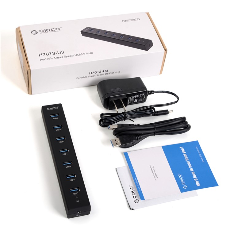 ORICO CE/FCC Certified 7-Port USB3.0 HUB with Power Adapter & Cable (H7013-U3) - Black / EU Plug-4