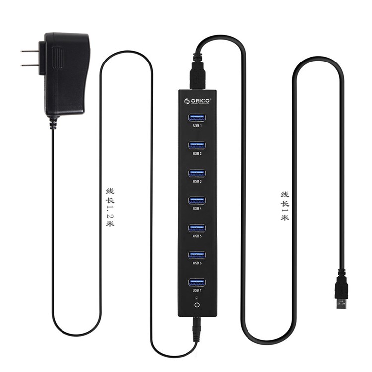 ORICO CE/FCC Certified 7-Port USB3.0 HUB with Power Adapter & Cable (H7013-U3) - Black / EU Plug-5