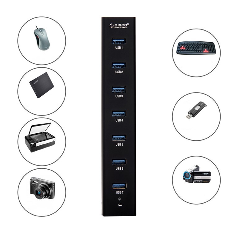 ORICO CE/FCC Certified 7-Port USB3.0 HUB with Power Adapter & Cable (H7013-U3) - Black / EU Plug-6