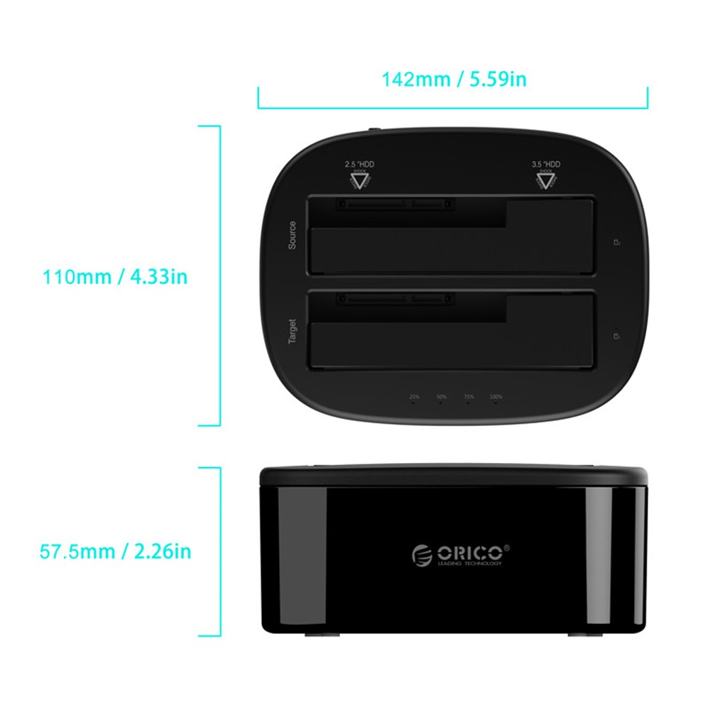 ORICO USB 3.0 SATA Boîtier de boîtier de disque dur à double baie pour disque dur HDD de 2,5 \\"/ 3,5\\" avec fonction de clone hors ligne (6228US3-C) - Plug de l'UE-3