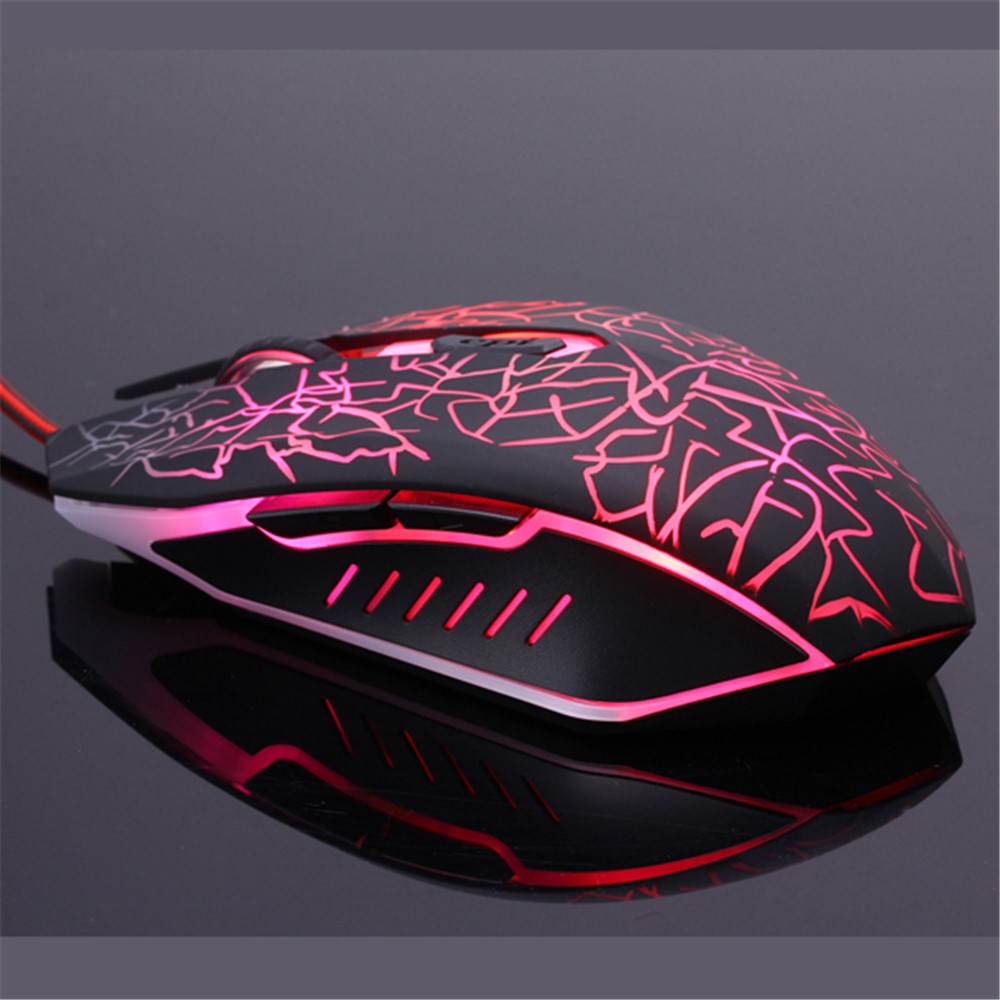 6 Teclas Padrão de Crack Wired Optical Game Mouse 2400dpi Com Luz de Fundo Respiratória