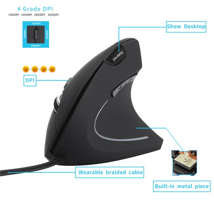 MODAO Ergonomic High Precision Optical Vertical Wired Mouse with 4 Adjustable DPI - Black-5
