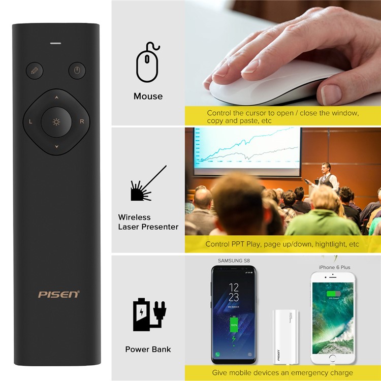 PISEN Pointer Presenter Rechargeable 2.4GHz PPT Clicker Air Mouse 2500mAh Power Bank-2