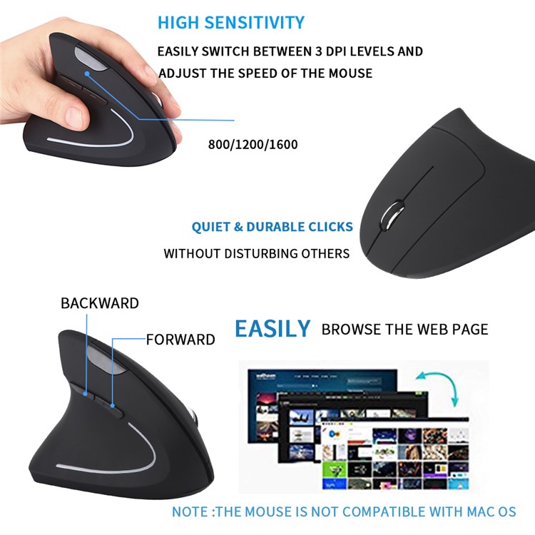 E32 Left-handed Mouse Wireless 2.4G Ergonomic Vertical 800/1200/1600 DPI Adjustable Mouse with 5 Buttons-3