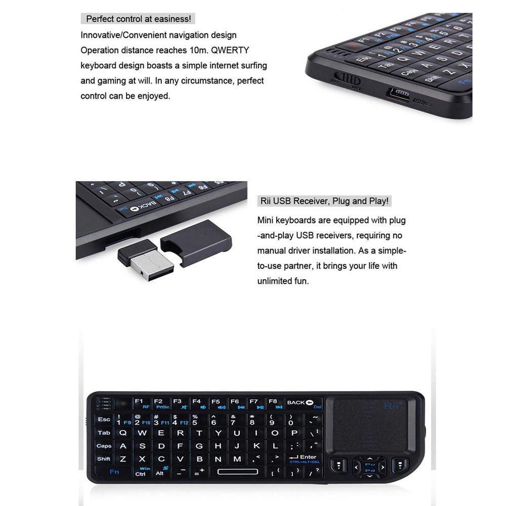RII Mini V3 2.4GHz Wireless QWERTY Keyboard Touchpad Air Mouse with Backlit (English Version)-10