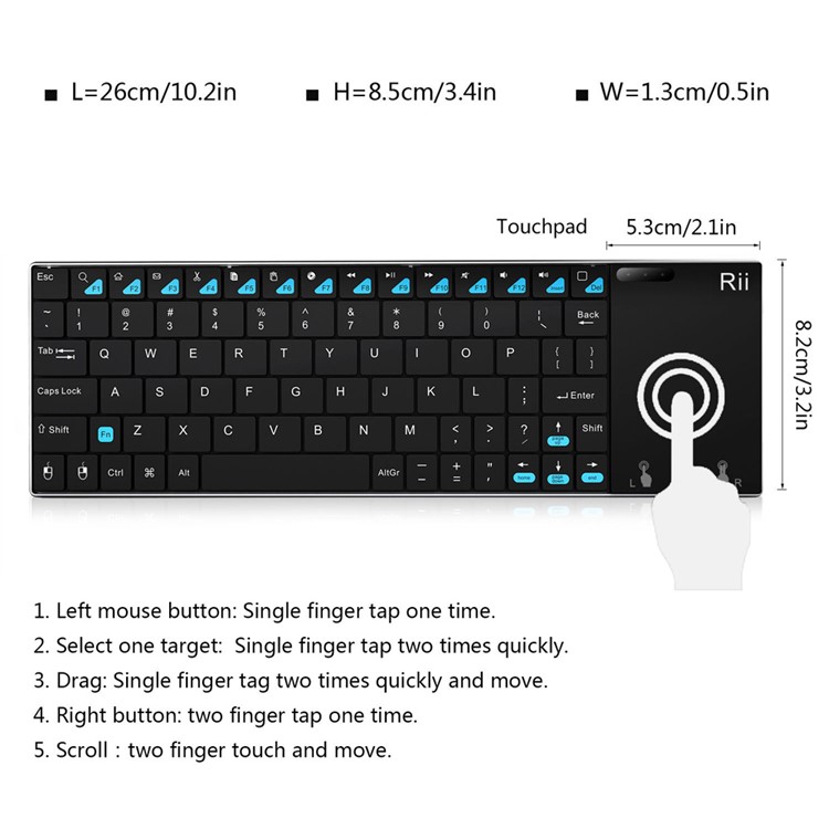 RII K12+ 2.4GHz Mini Wireless Keyboard with Built-in Large Size Mouse Touchpad (CE/FCC) - Black-2